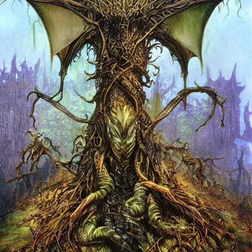 Prompt: a dragon made of roots, unfurls itself from the undergrowth of a dark fantasy jungle, eyes aflame with hate by brian froud, by ed binkley