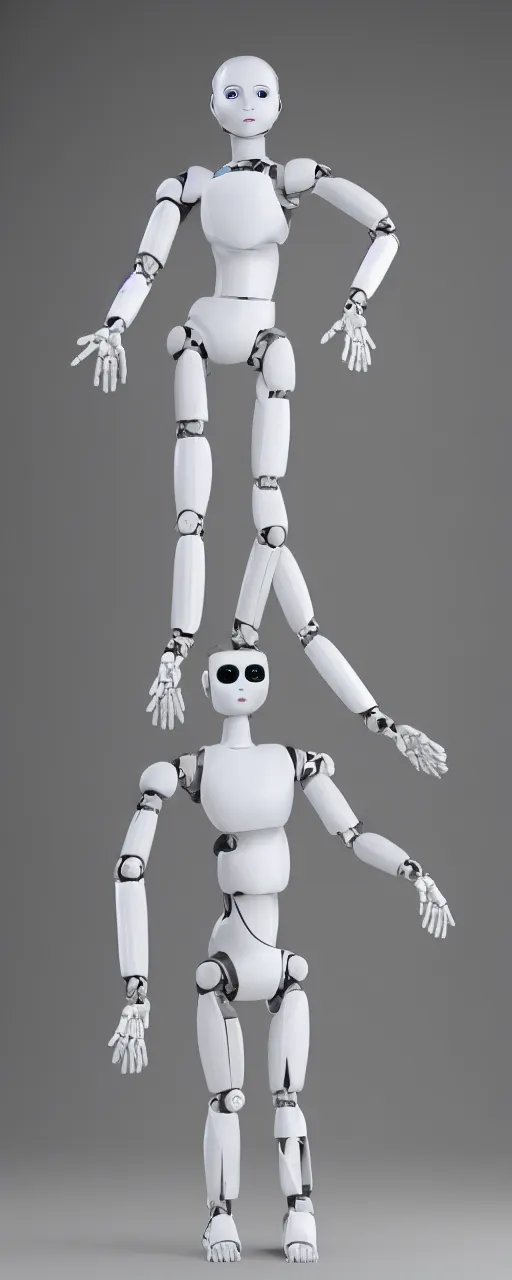 Prompt: very realistic humanoid robot standing in front white background