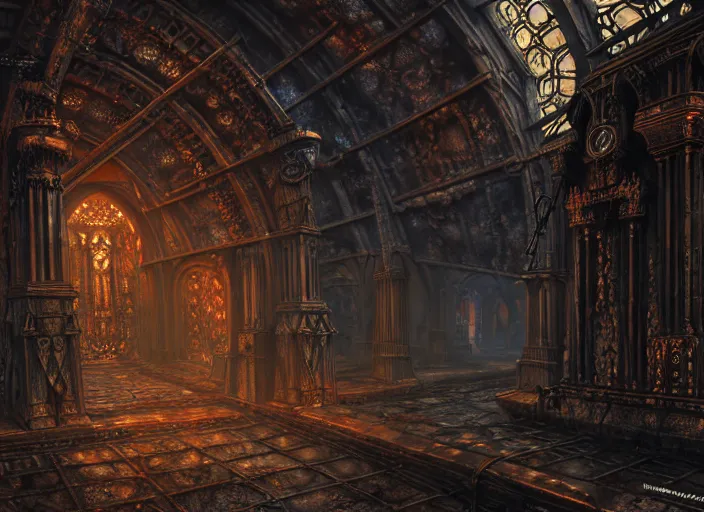 Image similar to steam necropolis, memento mori, gothic, neo - gothic, art nouveau, hyperdetailed copper patina medieval icon, stefan morrell, philippe druillet, ralph mcquarrie, concept art, steampunk, unreal engine, detailed intricate environment, octane render, moody atmospherics, volumetric lighting, ultrasharp, ominous, otherworldly