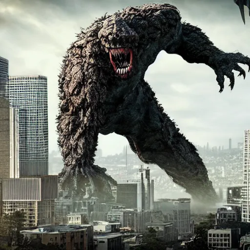 Image similar to a large, hideous monster looming over a city, scary, photorealistic