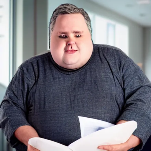 Image similar to portrait photo of old, fat spiderman doing taxes