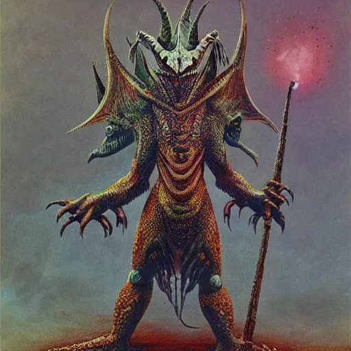 Image similar to tribal lizardman warrior full body concept, lizard head, dragon head, wearing tribal armor, beksinski