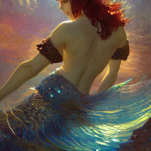 Prompt: a beautiful painting by Shinkai Makoto, 4k, high detail, aquarius, fantasy, mermaid, shining sun, beautiful lighting, hyper details, beautiful art by Leon François Comerre, craig mullins, Mucha