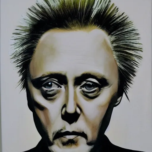 Image similar to Christopher Walken painted like a Saint with halo behind head, angels flying aound.