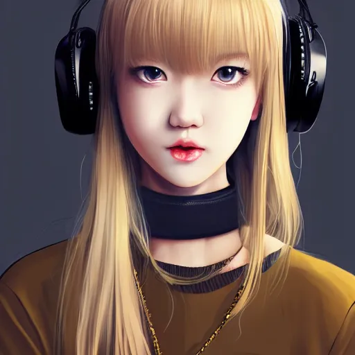 Image similar to realistic beautiful gorgeous natural cute Blackpink Lalisa Manoban blonde hair cute fur blonde cat ears wearing headphones wearing black leather choker in sweaters outfit golden eyes artwork drawn full HD 4K highest quality in artstyle by professional artists WLOP, Taejune Kim, Guweiz, ArtGerm on Artstation Pixiv