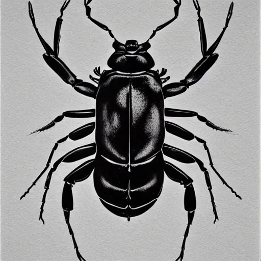 Image similar to stag beetle, black and white, botanical illustration, black ink on white paper, bold lines