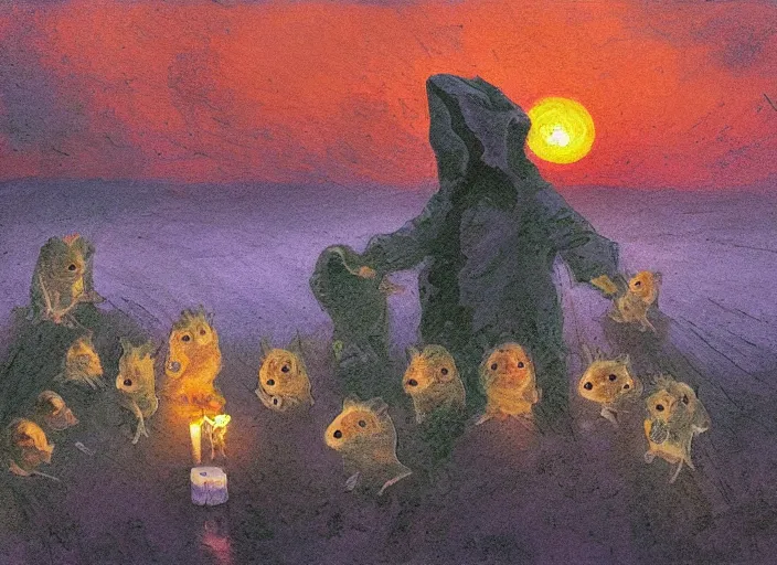 Image similar to impressionist painting of a somber hamster funeral at dusk, in the style of michael whelan and james gurney and wayne barlowe