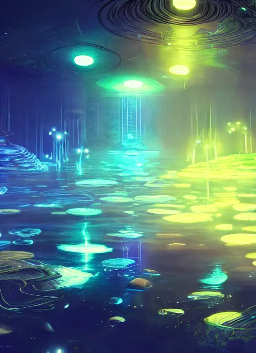 Image similar to high depth, collective civilization party!, calm, healing, resting, life, hybrids, scifi, glowing lights, published concept art, art in the style of all and none and everything and infinity, nightime long exposure