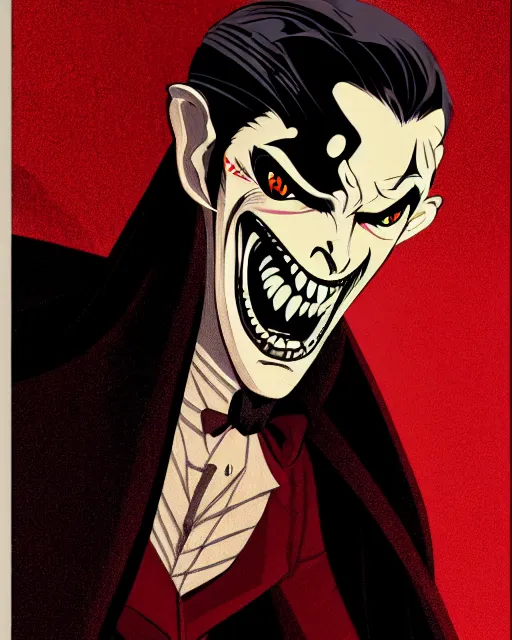 Image similar to handsome male vampire, symmetrical face, evil grin, cinematic, dramatic, super detailed and intricate, 4 k render, by koson ohara, by darwyn cooke, by satoshi kon