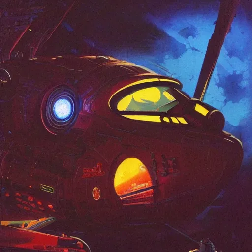 Image similar to a dark and colorful close - up side profile portrait of a spaceship with led lights glowing fog in the background. highly detailed science fiction painting by norman rockwell, frank frazetta, and syd mead. rich colors, high contrast, gloomy atmosphere, dark background. trending on artstation