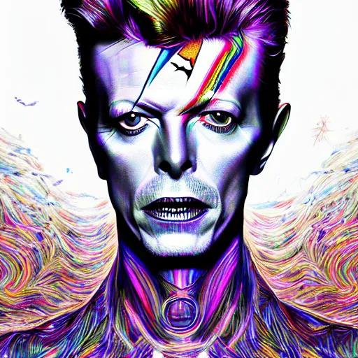 Prompt: the portrait of david bowie made of rainbow soul spirit, an ultrafine hyperdetailed photograph by kim jung gi, irakli nadar, intricate linework, bright colors, octopath traveler, final fantasy, digital painting, global illumination, radiant light, intricate environment, jamesjane,