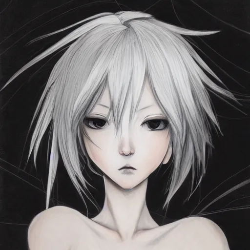 Prompt: Highly detailed Renaissance oil portrait of an anime girl with white hair and black eyes wearing three piece suit in the style of Yoshitaka Amano and Final Fantasy drawn with expressive brush strokes, abstract black and white background, film grain effect