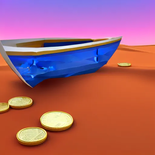 Image similar to boat in the dessert filled with coin and jewl collectables, game concept, low poly, horizontal view perspective