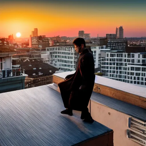Prompt: a samouraï facing the sunset on a rooftop