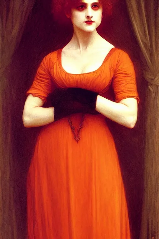 Image similar to victorian vampire in orange dress, painting by rossetti bouguereau, detailed art, artstation