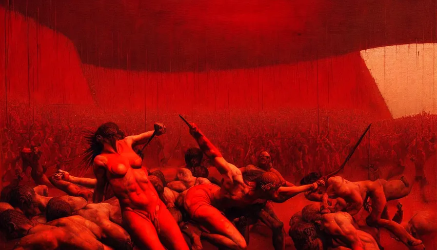 Image similar to only with red, bloody gladiator battle in a crowded roman amphitheatre, crowd cheering, in the style of beksinski and edward hopper and rodcenko and yue minjun and cory loftis, intricate and epic composition, red by caravaggio, highly detailed, masterpiece, red light, artstation, art nouveau