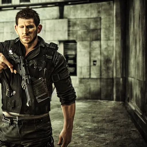 Image similar to chris redfield played by David Boreanaz in a resident evil movie, high detail, professional photography, high-resolution photograph