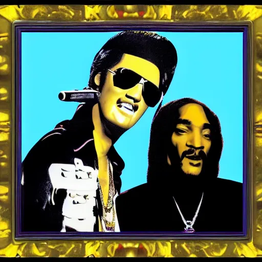 Image similar to elvis presley and snoop dog singing a duet one microphone, detailed, beautiful, colorful, black velvet painting, digital art