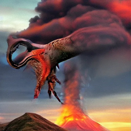 Image similar to photo realistic art of t-rex roaring, Volcano erupting far in the background, very very very very detailed