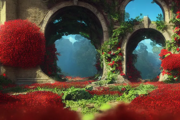 Prompt: broken arches leading to the pillars of eternity draped with red flowers and vines, blue sky, lens flare, a sense of mystery, cinematic, ultra detailed, intricate, sharp focus, trending on artstation, 8K, animation still by Hayao Myazaki