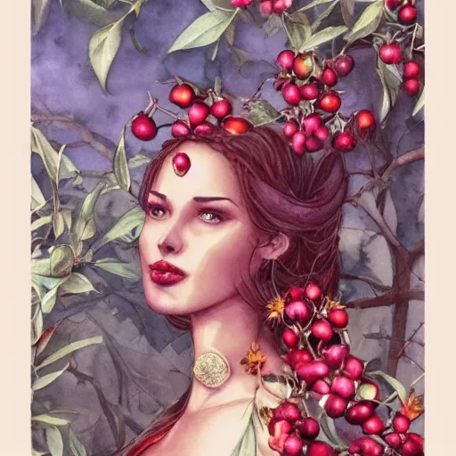 Prompt: Persephone surrounded by pomegranates, beautiful, elegant, watercolor, render, trending on artstation