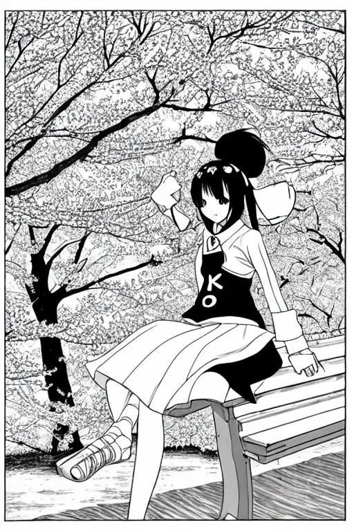 Image similar to black and white manga page, highly detailed pen, shoujo romance, two girls, first girl with long dark hair, second girl with short light hair, sailor uniform, sitting on bench, cherry blossom tree in background with petals floating, drawn by Atsushi Ohkubo