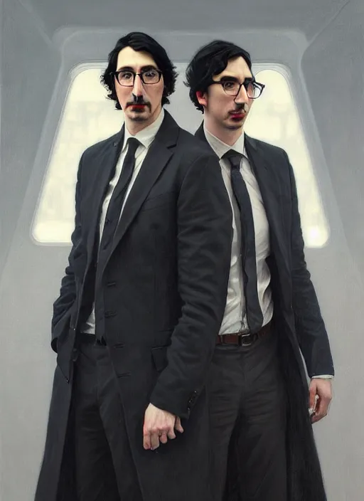 Image similar to painting of both john oliver and adam driver together, john oliver in front, full body, elegant, beautiful, highly detailed, centered, dark, smokey, digital painting, concept art, smooth, sharp focus, illustration, deviant art, art by artgerm, art by greg rutkowski, art by alphonse mucha