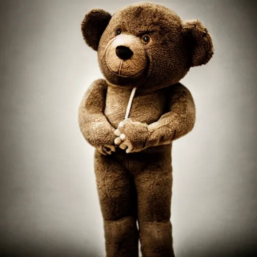 Image similar to Portrait studio photograph of Kanye West & an anthropomorphic teddy bear, close up, shallow depth of field, in the style of Felice Beato, Noir film still, 40mm