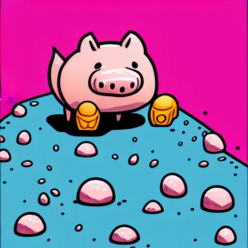 Image similar to comic art of a cute far pig sitting on pile of pink salt, drawn by Alan Moore, vivid color, cgsociety 4K