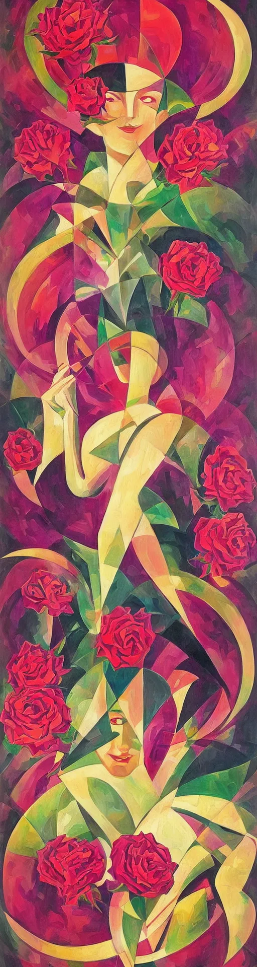 Image similar to an art deco painting of a rose, by joseph stella, synthwave, behance contest winner, crystal cubism, digital illustration