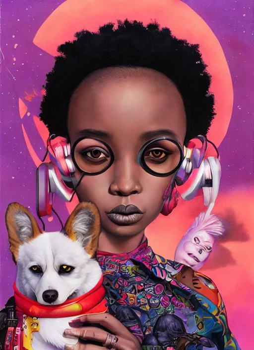 Prompt: beautiful portrait painting of an African lofi cyberpunk princess and her corgi assassin king, by Afarin Sajedi, Alessandro Barbucci, Alex Gross, Shin Jeongho, Shohei Otomo. trending on Artstation, 8k, masterpiece, face enhance, graffiti paint, fine detail, full of color, intricate detail, golden ratio illustration