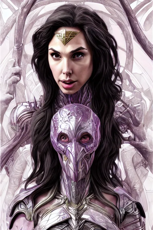 Image similar to gal gadot as a slaanesh cultist, anatomy, cute, fantasy, intricate, elegant, highly detailed, digital painting, 4 k, hdr, concept art, smooth, sharp focus, illustration, art by artgerm and h r giger and alphonse mucha