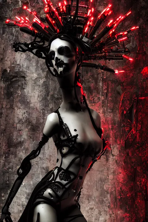 Prompt: full-body cyberpunk style sculpture of a young beautiful dark priestess, half android with a head opening exposing circuitry. glowing red eyes, black roses, flowing blood-red colored silk. fabric, candles. baroque elements, human skull. full-length view. baroque element. intricate artwork by caravaggio. crows flying in background. Trending on artstation, octane render, cinematic lighting from the right, hyper realism, octane render, 8k, depth of field, 3D