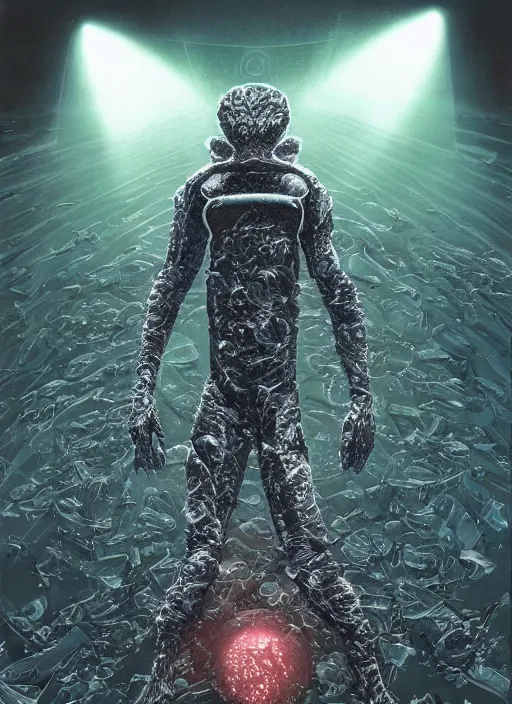 Image similar to astronauts in the dark infinite underwater void - complex and hyperdetailed technical suit, fabric material. reflection and dispersion materials. rays and dispersion of light. volumetric light. wide angle, f / 3 2. noise film photo. flash photography. ultra realistic, wide angle. poster by wayne barlowe, hajime sorayama aaron horkey, craig mullins