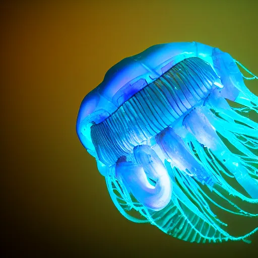 Image similar to at night, very close detailed closeup of big blue jellyfish glowing in the night,