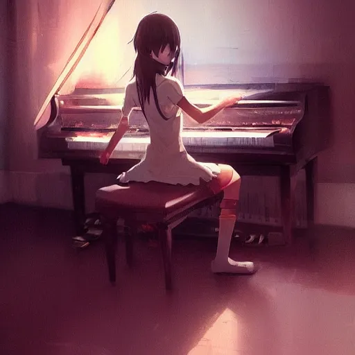 Image similar to anime girl Playing the Piano instrument , digital Art, Greg rutkowski, Trending cinematographic artstation