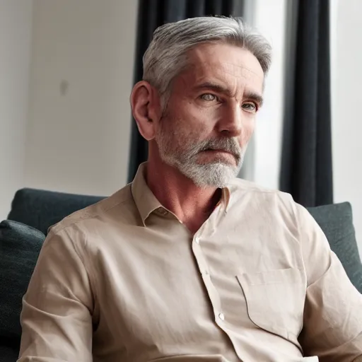 Image similar to full body photo of steve, mature male, mysterious face. he is sitting gracefully on a sofa, elegant slim beige shirt, tight shirt, big, firm, soft, bouncy belly