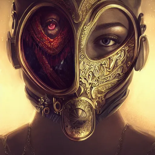 Image similar to Very very very very highly detailed epic photo of face with venetian mask, intricate, dystopian, sci-fi, extremely detailed, digital painting, artstation, concept art, smooth, sharp focus, illustration, intimidating lighting, incredible art by Artgerm and Anton Pieck