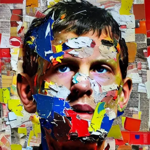Prompt: a portrait a very ordinary person, by Mimmo Rotella, ripped, torn poster, abstract, vivid colors, flat bold color, facing front, oil painting, anatomically correct, beautiful perfect face, sharp focus, Highly Detailed, Cinematic Lighting