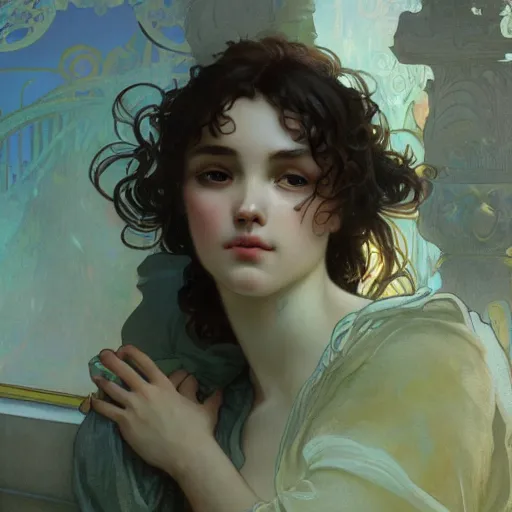 Prompt: A dreamy sleepy young woman with very short dark curly hair, portrait art by alphonse mucha and greg rutkowski, highly detailed, digital painting, concept art, illustration, dim lighting with twilight rays of sunlight coming through the window with closed shutters, trending on artstation, very detailed, smooth, sharp focus, octane render