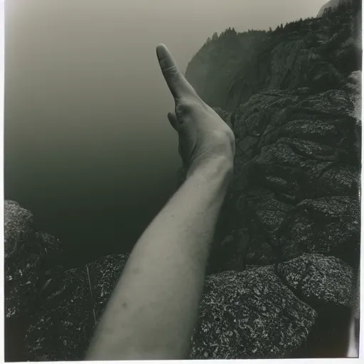Image similar to a giant hand reaching over a foggy cliff, polaroid,