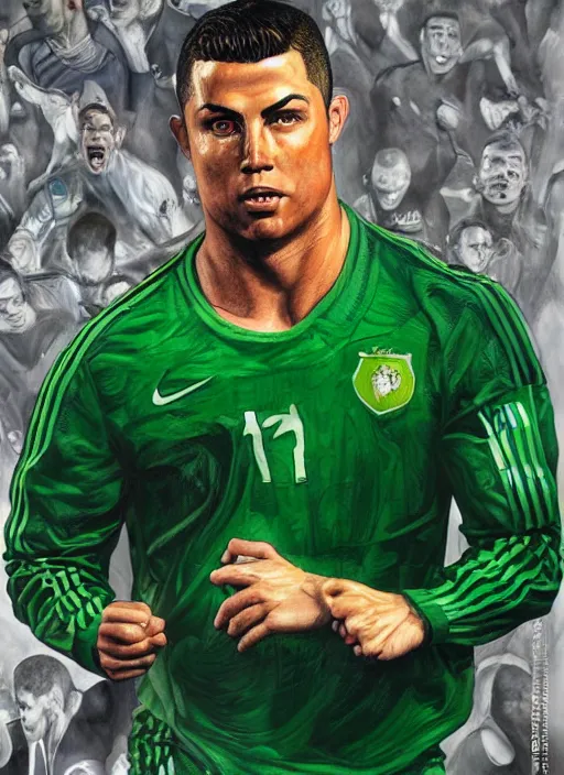 Image similar to portrait of ronaldo nazario, wearing green soccer clothes, very detailed eyes, hyperrealistic, very detailed painting by glenn fabry, by joao ruas, by artgerm