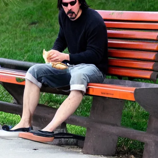 Image similar to Keanu Reeves eating sandwich on park bench