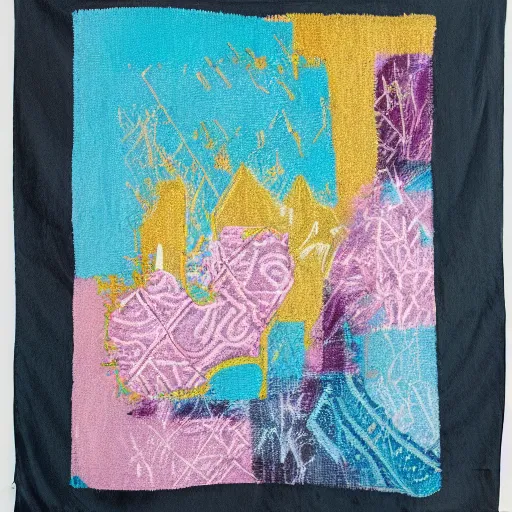 Prompt: embroidered tapestry with muted pastel colors graffiti abstract