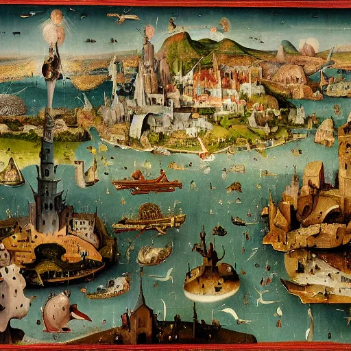 Prompt: a beautiful stunning insanely detailed complex matte painting of a magical mythical city at the edge of the world, by Hieronymus Bosch and Jim B