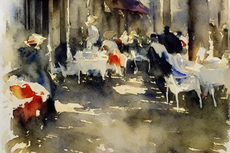 Prompt: abstract watercolor painting of first summer day, portuguese cafe, cinematic light, national romanticism by anders zorn