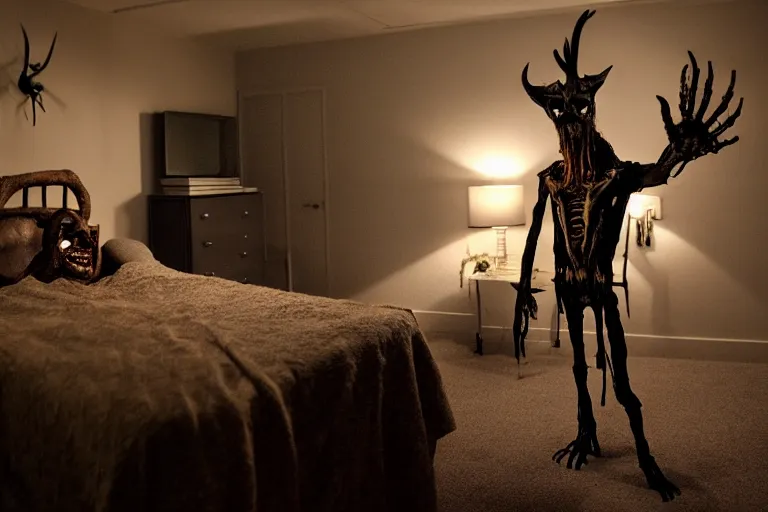 Image similar to photo of a wendigo in a bedroom, at night