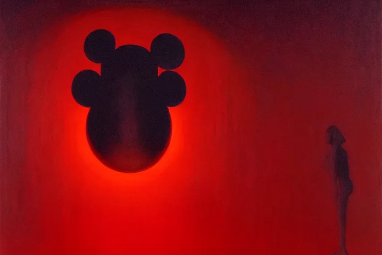 Image similar to only with red, netflix studios with workers at work, a big mickey mouse head in the middle, in the style of beksinski, parts by edward hopper, parts by rodcenko, parts by yue minjun, intricate and epic composition, red by caravaggio, insanely quality, highly detailed, masterpiece, red light, artstation, 4 k