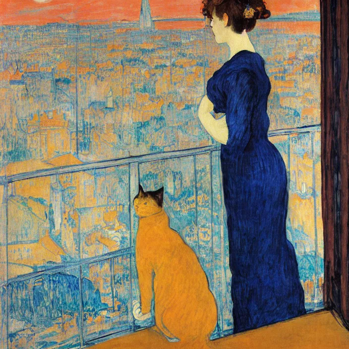 Image similar to woman in vermillion dress and white cat with city with gothic cathedral seen from a window frame with curtains. dark indigo blue, turquoise, gold, earth brown. sunset. bonnard, henri de toulouse - lautrec, utamaro, matisse, monet