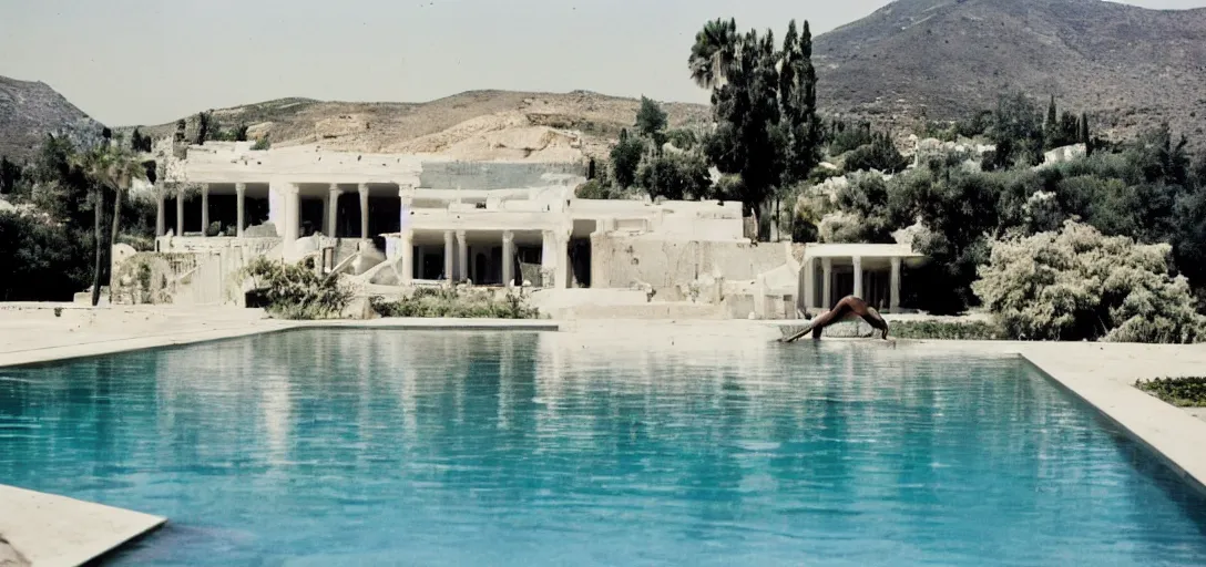 Prompt: greek - inspired marble house designed by ictinus and callicrates in california. photographed in 1 9 7 2. man swimming in pool.